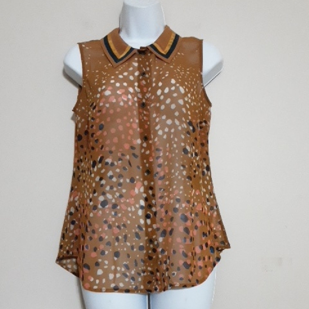 Cabi Brown Sleeveless Collared Top Polka Dot Xs Casual Festival Beach Vacation